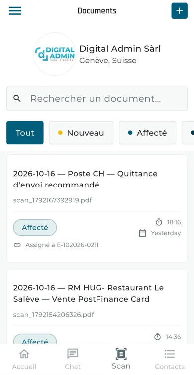 L'application mobile : les pièces scannées et affectées à la comptabilité