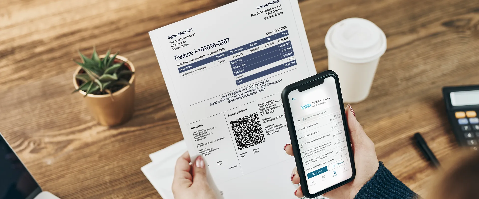 Une QR-facture suisse scannée avec l'application Digital Admin sur un téléphone